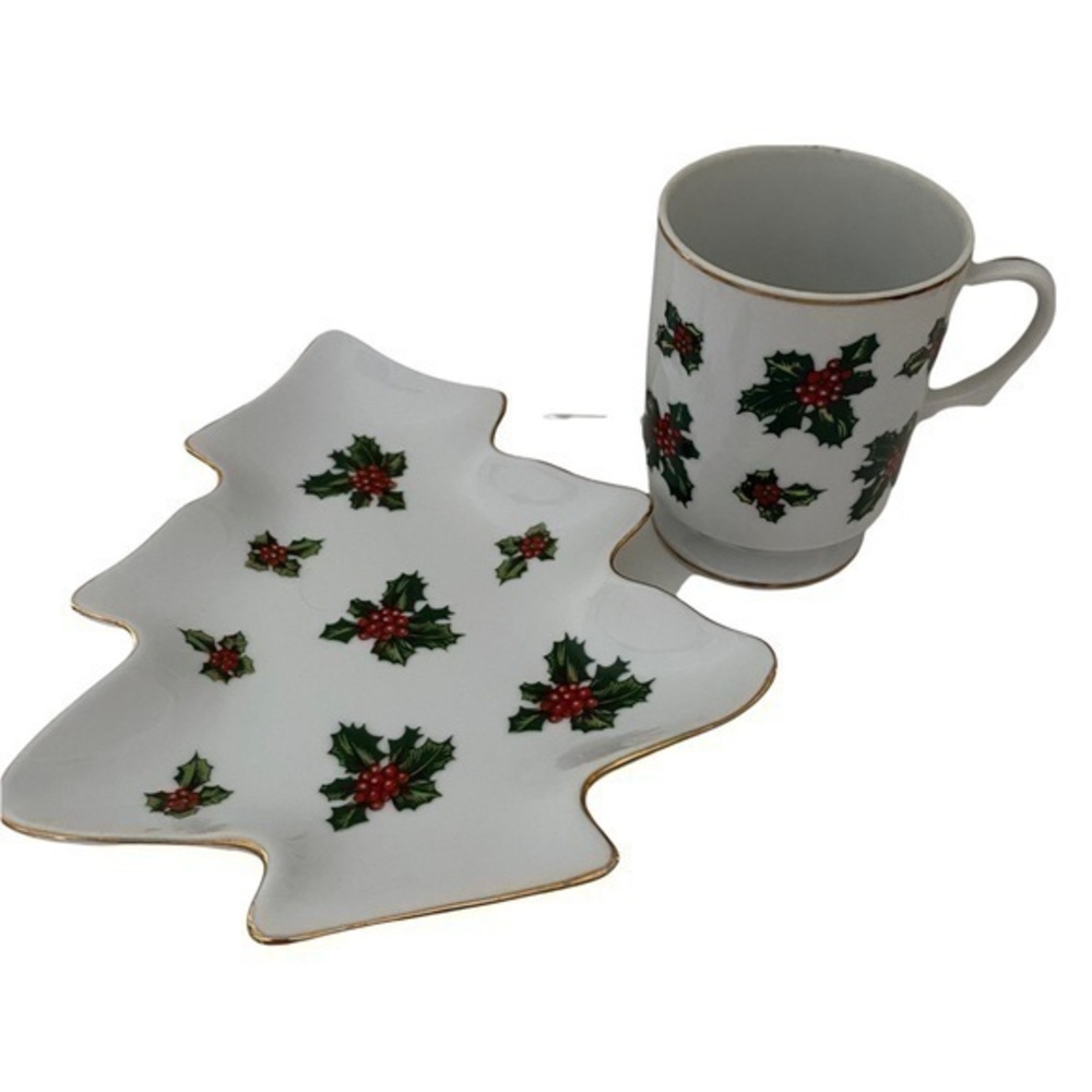 Vintage Lefton China Christmas Holiday Porcelain Tea Cup Cookie Plate for Santa